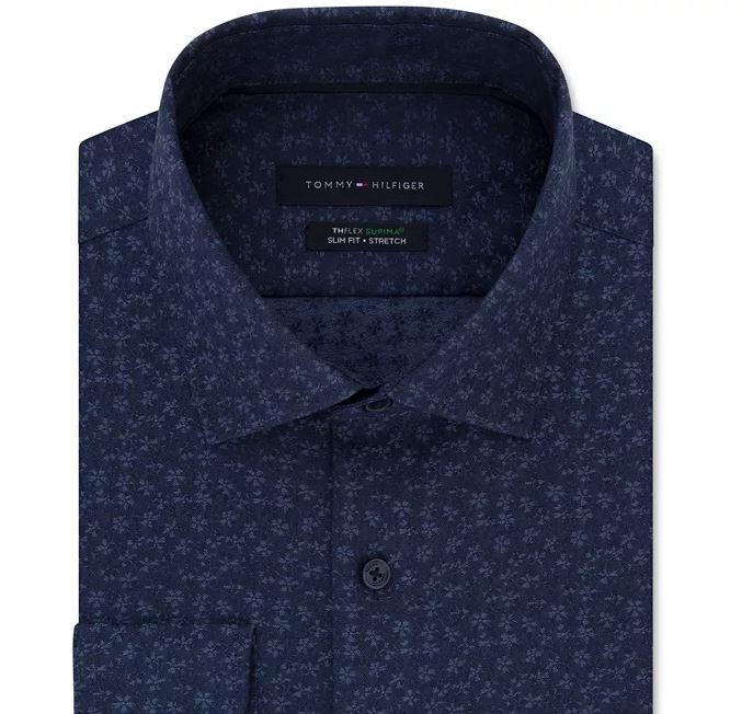 Tommy Hilfiger Men's Slim Fit Non Iron Thflex Performance Stretch Floral Print Supima Cotton Dress Shirt Blue Size 17.5X32X33
