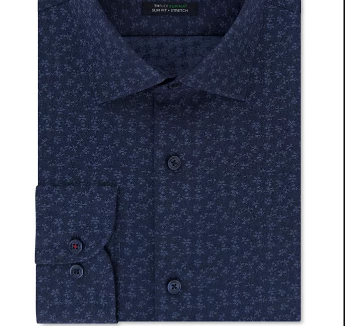 Tommy Hilfiger Men's Slim Fit Non Iron Thflex Performance Stretch Floral Print Supima Cotton Dress Shirt Blue Size 17.5X32X33