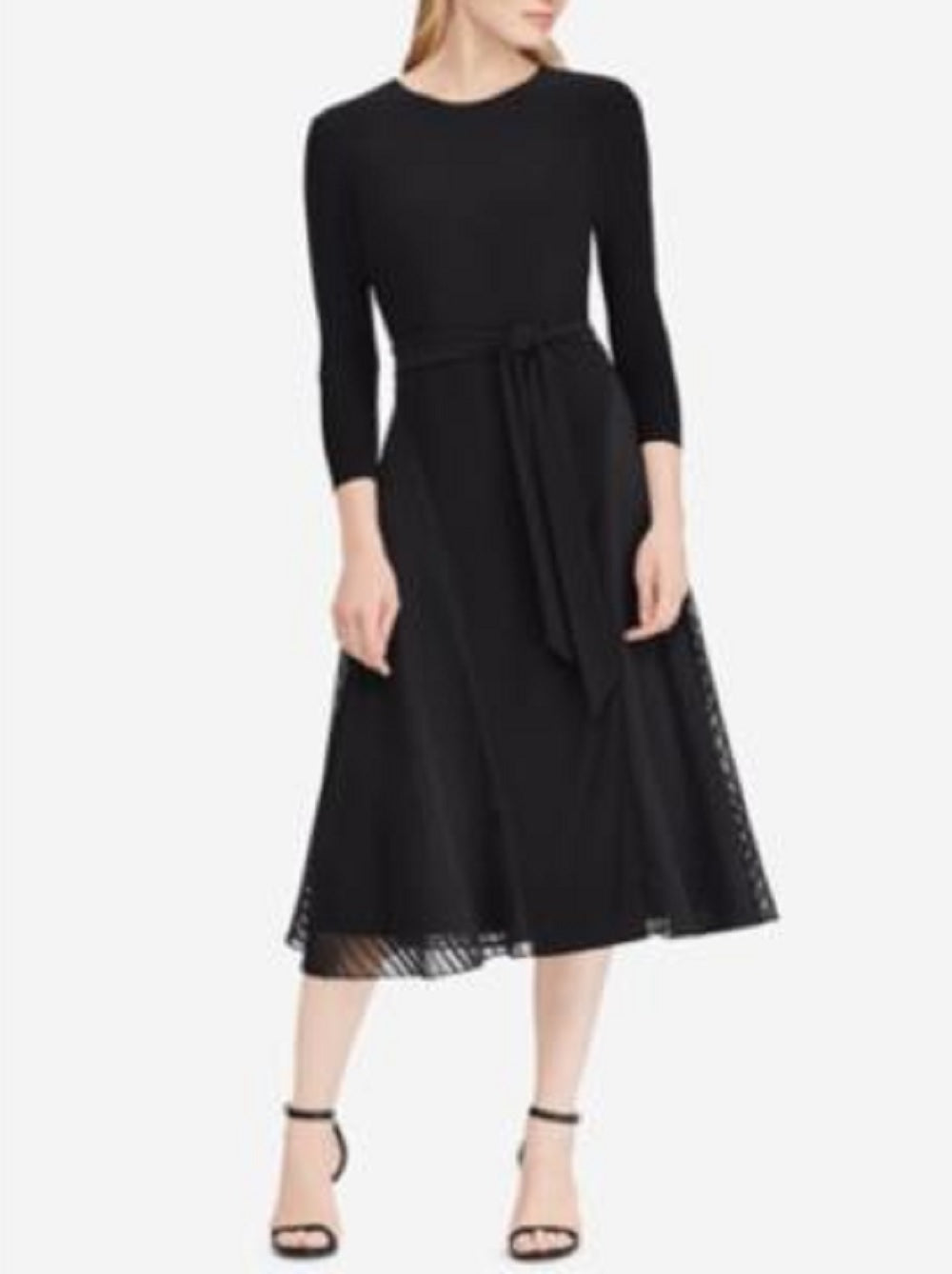 Ralph Lauren Women's Black Sheer Zippered 3/4 Sleeve Jewel Neck Midi Fit Flare Black Size 18