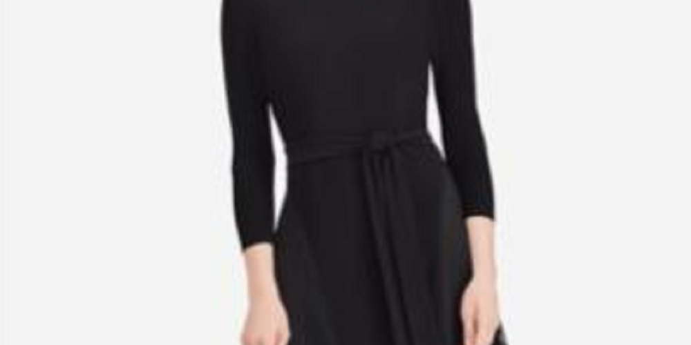 Ralph Lauren Women's Black Sheer Zippered 3/4 Sleeve Jewel Neck Midi Fit Flare Black Size 18
