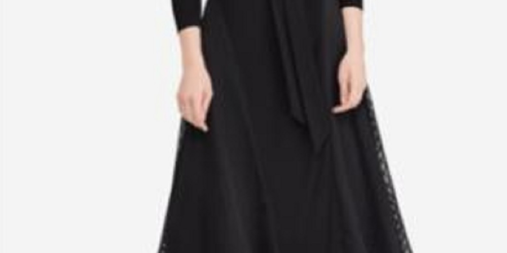 Ralph Lauren Women's Black Sheer Zippered 3/4 Sleeve Jewel Neck Midi Fit Flare Black Size 18