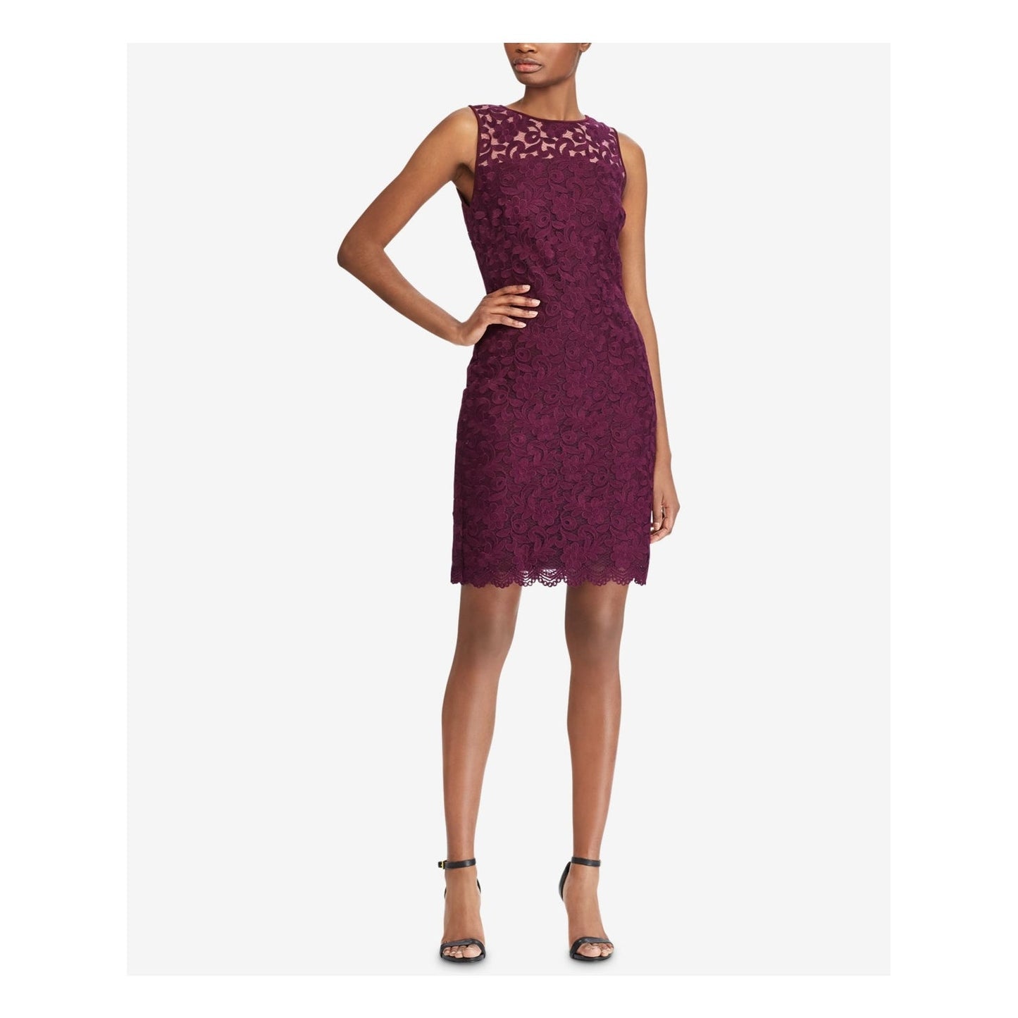 Ralph Lauren Women's Purple Lace Zippered Floral Cap Sleeve Illusion Neckline Below The Knee Sheath Evening Dress Purple Size 12