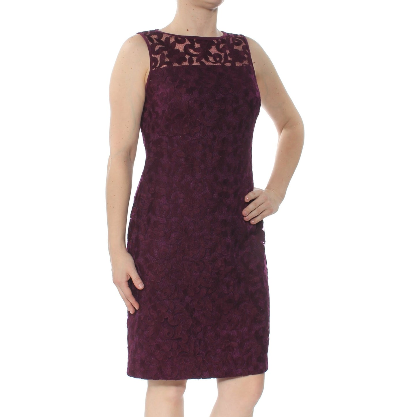 Ralph Lauren Women's Purple Lace Zippered Floral Cap Sleeve Illusion Neckline Below The Knee Sheath Evening Dress Purple Size 12