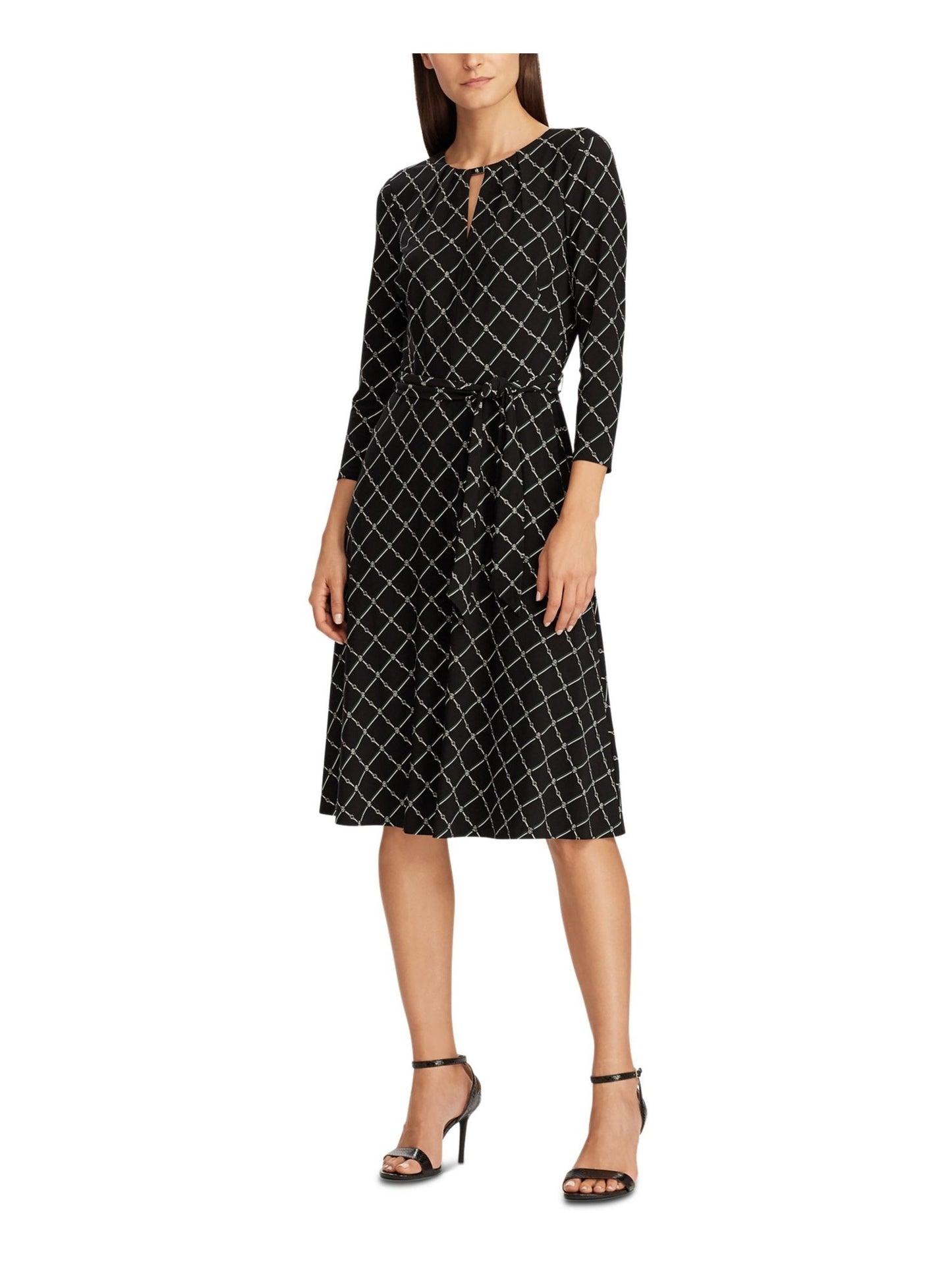 Ralph Lauren Women's Black Embellished Zippered Geometric 3/4 Sleeve Keyhole Below The Knee Sheath Wear To Work Dress Black Size 6