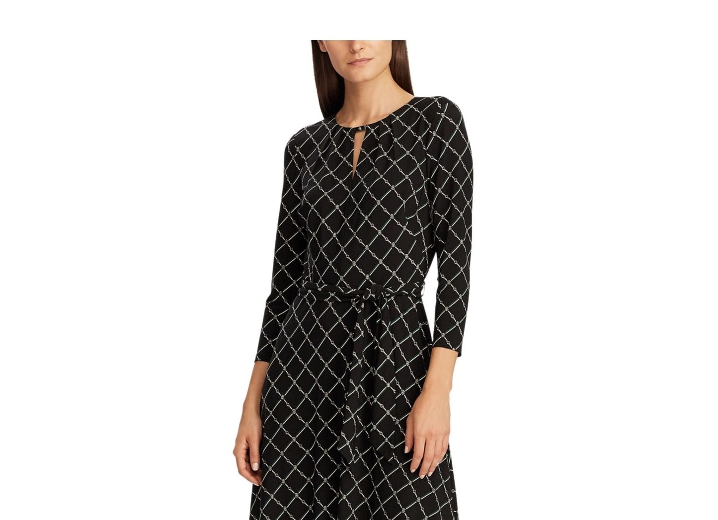 Ralph Lauren Women's Black Embellished Zippered Geometric 3/4 Sleeve Keyhole Below The Knee Sheath Wear To Work Dress Black Size 6