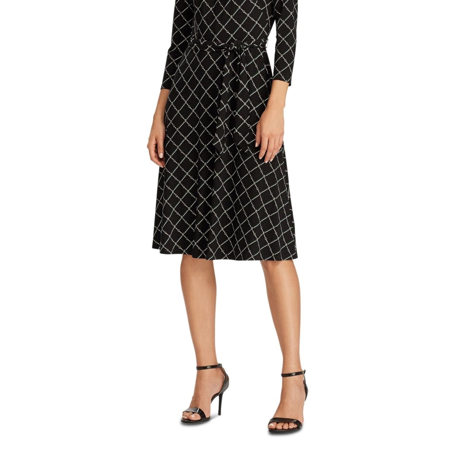 Ralph Lauren Women's Black Embellished Zippered Geometric 3/4 Sleeve Keyhole Below The Knee Sheath Wear To Work Dress Black Size 6