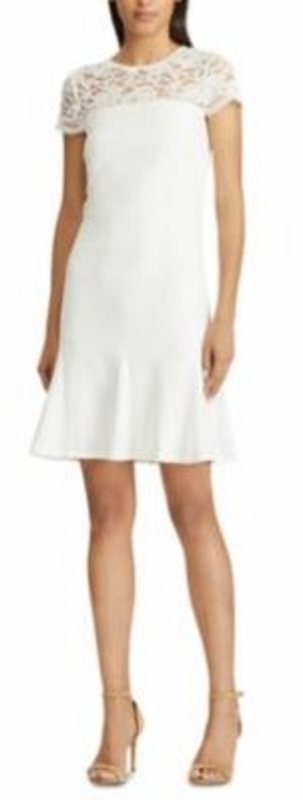 Ralph Lauren Women's Lace Zippered Solid Cap Sleeve Illusion Neckline Above The Knee Fit + Flare Wear To Work Dress Navy Size 4 Petite