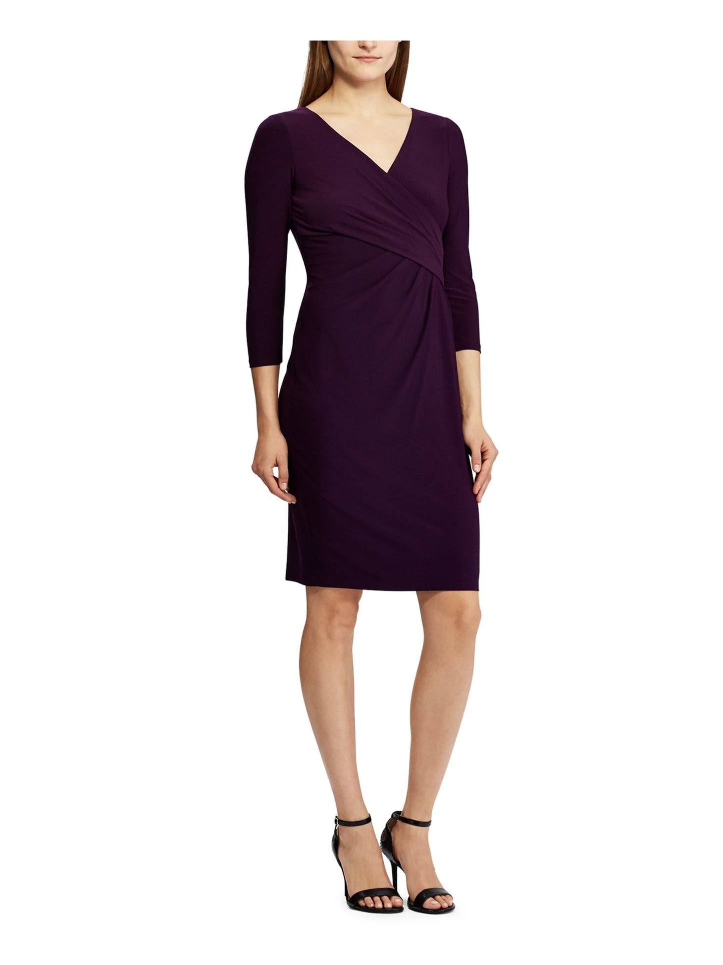 Ralph Lauren Women's Ruched Long Sleeve V Neck Above The Knee Sheath Evening Dress  Purple Size 6P