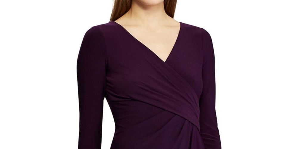 Ralph Lauren Women's Ruched Long Sleeve V Neck Above The Knee Sheath Evening Dress  Purple Size 6P