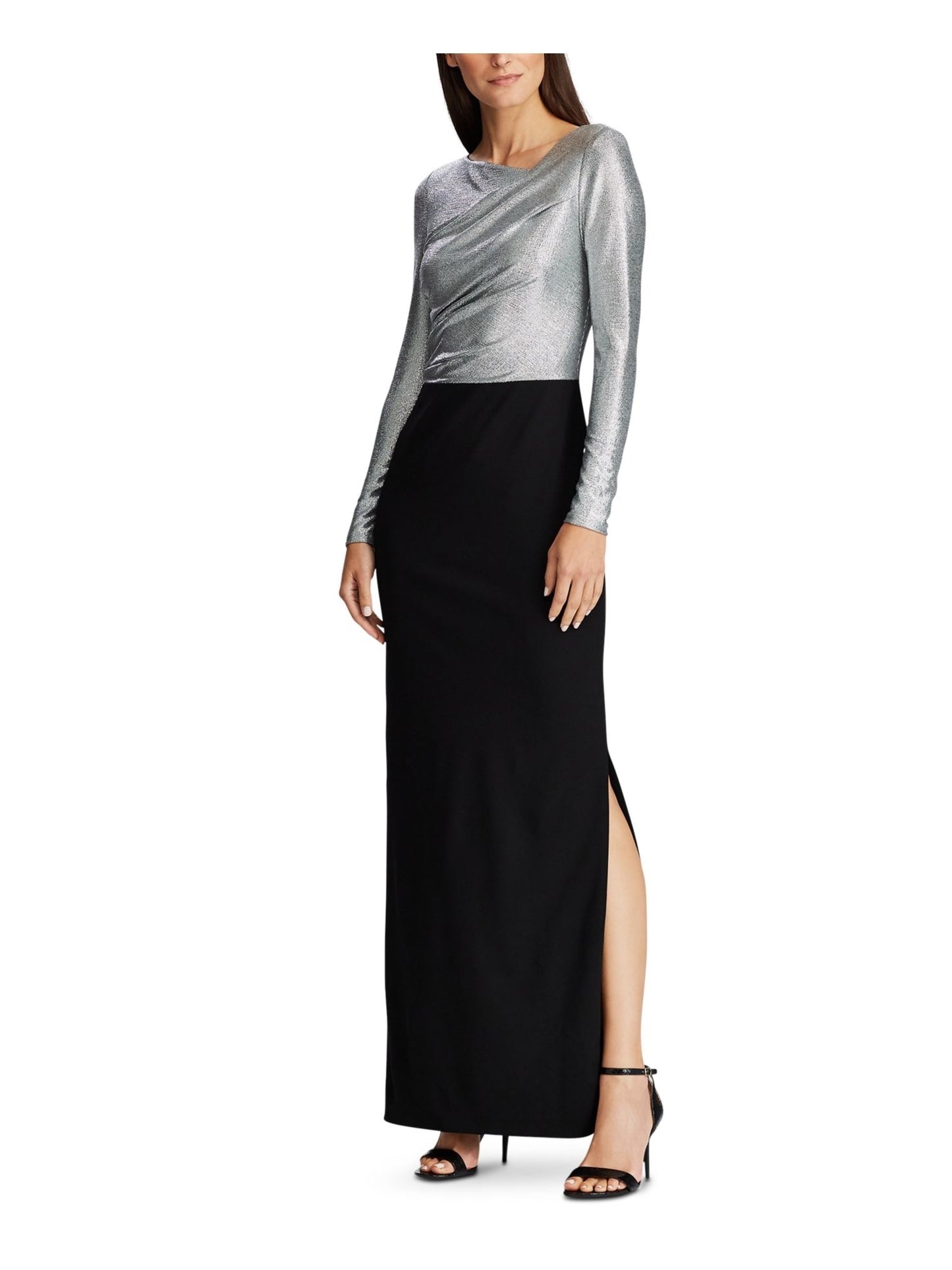 Ralph Lauren Women's Sequined Long Sleeve Asymmetrical Neckline Maxi Sheath Evening Dress Black Size 14