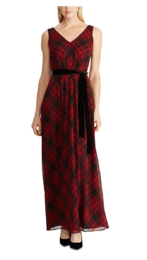 Ralph Lauren Women's Red Belted Plaid Sleeveless V Neck Maxi Sheath Dress Black Size 6
