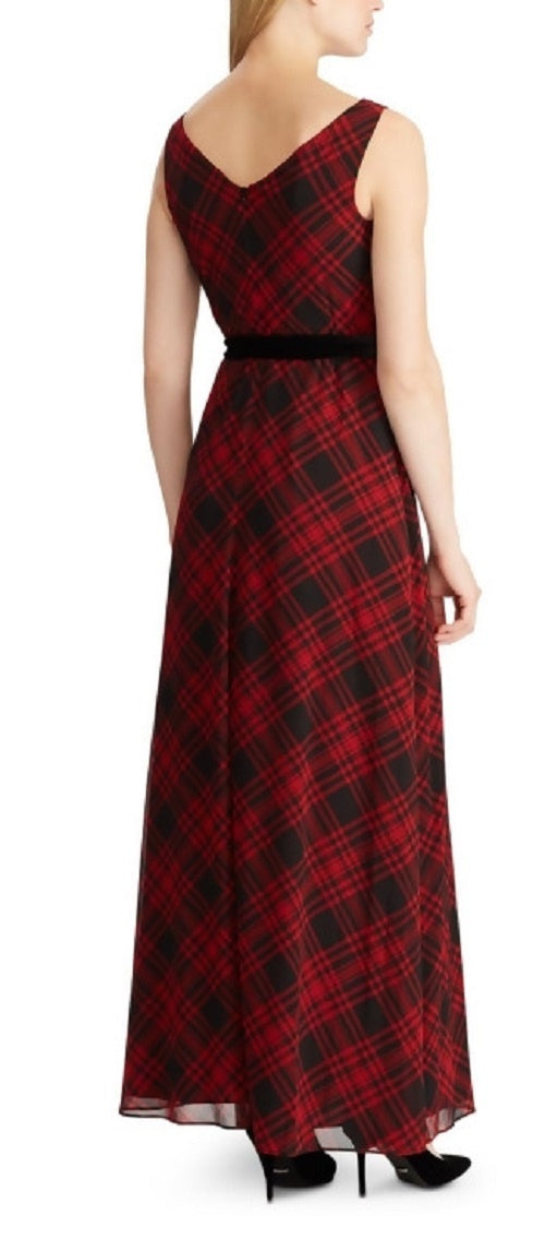 Ralph Lauren Women's Red Belted Plaid Sleeveless V Neck Maxi Sheath Dress Black Size 6