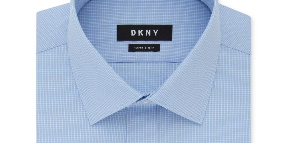 DKNY Men's Dress Shirts Slim Fit Stretch Grid Print Blue Size 17.5X34X35