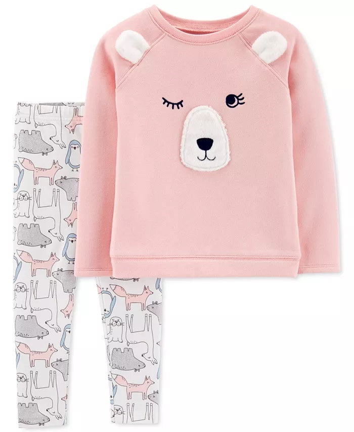Carter's Toddler Girls 2-Pc. Fleece Bear Top & Printed Leggings Set Pink Size 3T