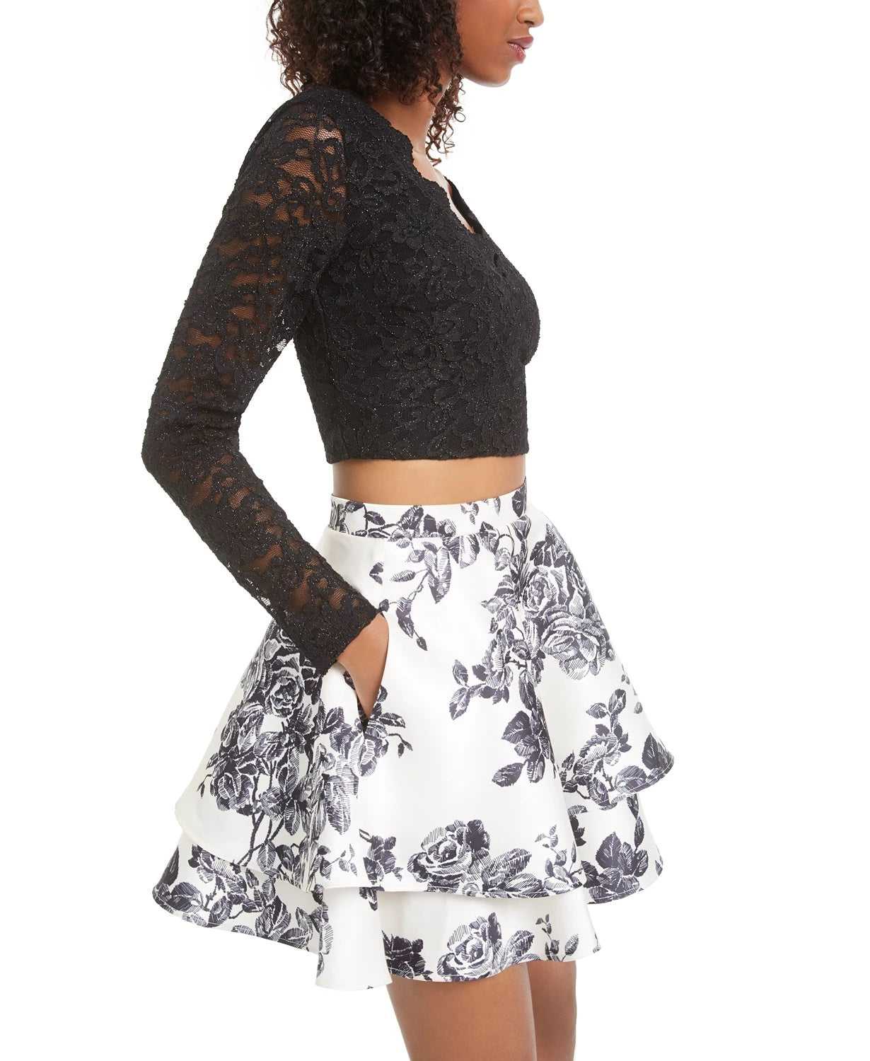 City Studios Juniors' 2-Pc. Lace & Floral-Print Dress Black Size 5