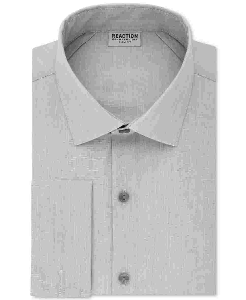 Kenneth Cole Reaction Men's Slim Fit Broadcloth French Cuff Shirt Grey Size 17.5X32X33