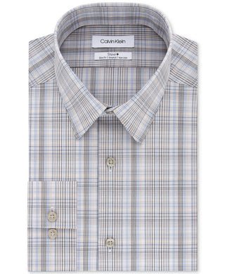 Calvin Klein Men's Slim Fit Stretch Performance Plaid Dress Shirt Beige Size 16.5X32X33