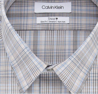 Calvin Klein Men's Slim Fit Stretch Performance Plaid Dress Shirt Beige Size 16.5X32X33