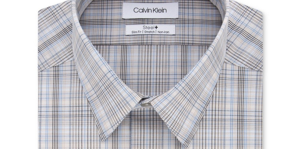 Calvin Klein Men's Plaid Collared Work Dress Shirt Beige Size 15X32X33