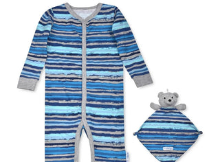 Max & Olivia Baby Boys 2-Pc. Striped Footie Pajama & Bear Blankie Buddy Set Navy