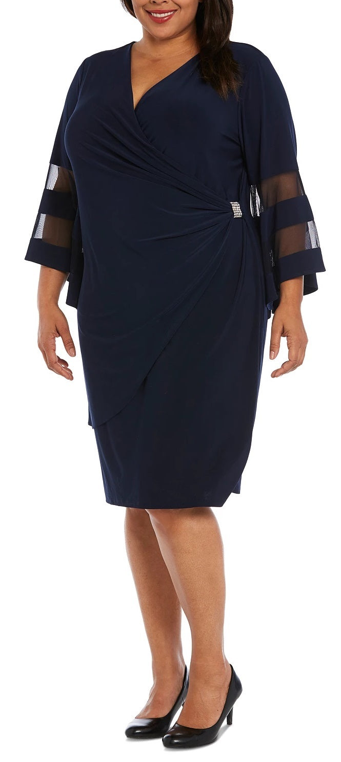 R & M Richards Women's Plus Size Illusion Bell Sleeve Dress Blue Size 18W