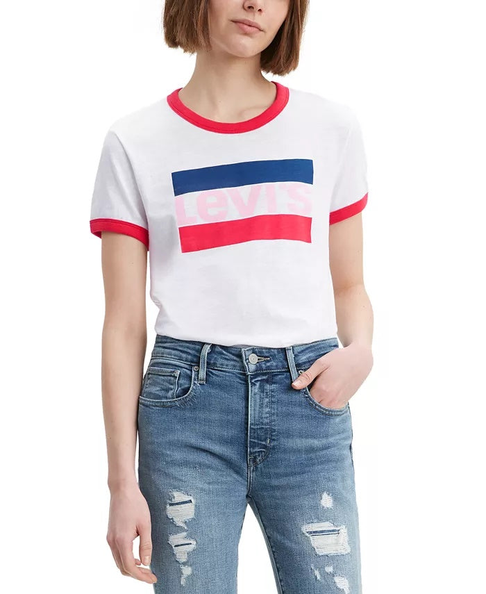 Levi's Women's Cotton Logo Ringer T-Shirt White Size Medium