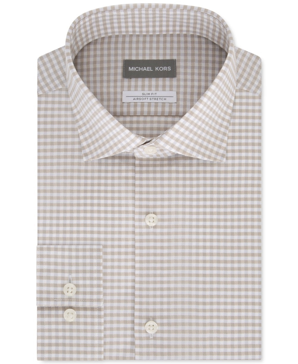Michael Kors Men's Dress Shirt Hay Check Slim Fit Beige Size 15.5X32X33