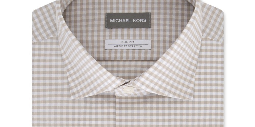 Michael Kors Men's Dress Shirt Hay Check Slim Fit Beige Size 15.5X32X33