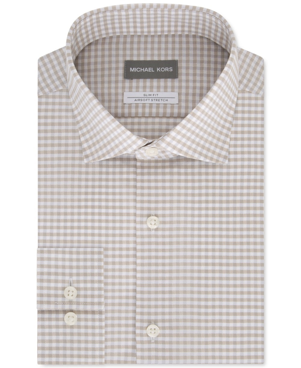 Michael Kors Men's Slim-Fit Non-Iron Airsoft Performance Stretch Check Dress Shirt Beige Size 32-33