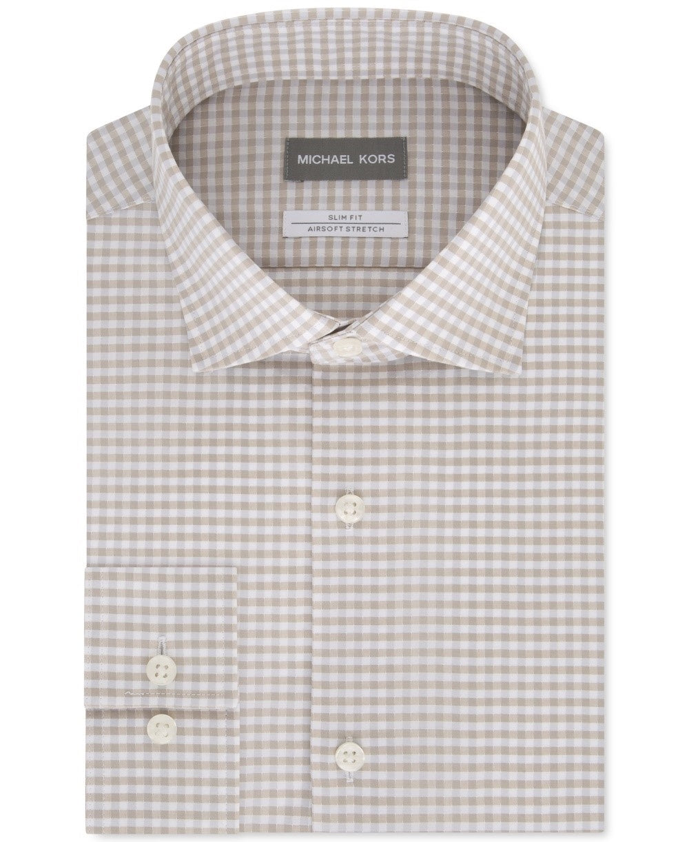 Michael Kors Men's Slim-Fit Non-Iron Airsoft Performance Stretch Check Dress Shirt Beige Size 32-33
