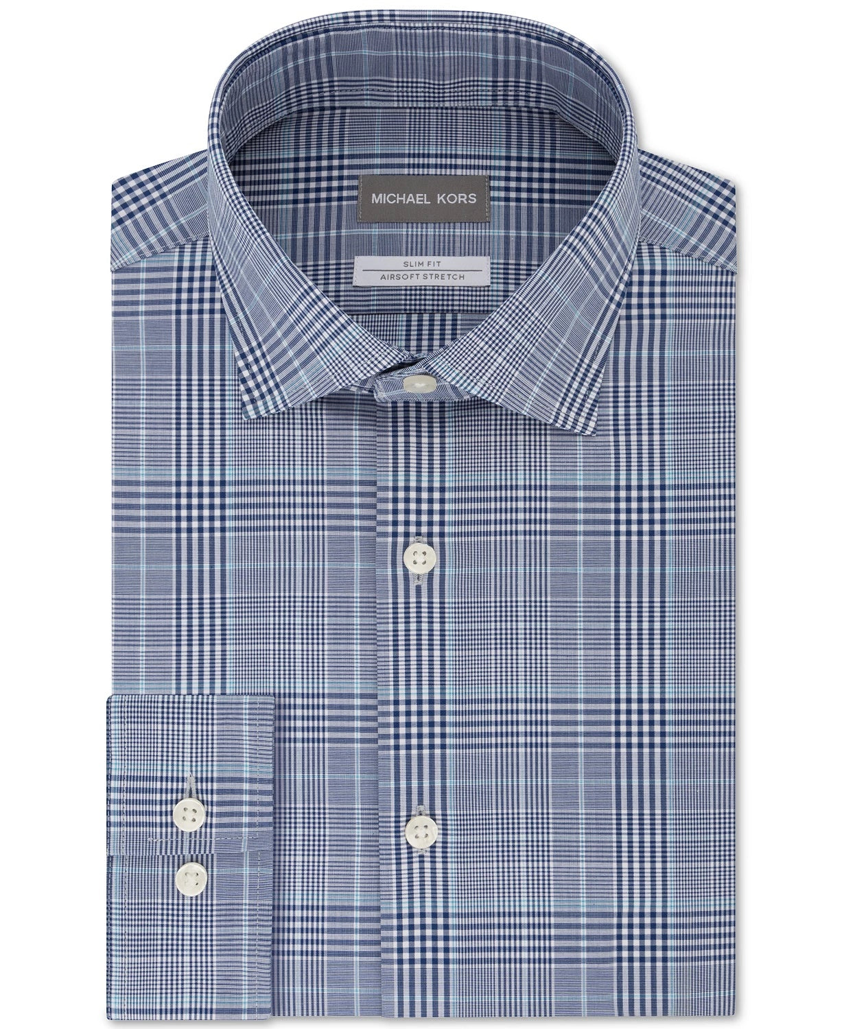 Michael Kors Men's Slim-Fit Non-Iron Airsoft Performance Stretch Plaid Dress Shirt Blue Size 34-35