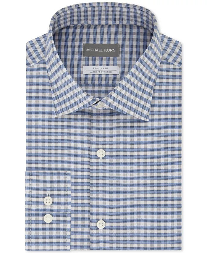 Michael Kors Men's Classic Fit Airsoft Performance Stretch Gingham Shirt Blue Size 18.5X34-35