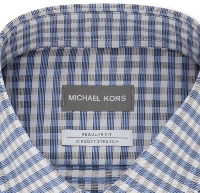 Michael Kors Men's Classic Fit Airsoft Performance Stretch Gingham Shirt Blue Size 18.5X34-35