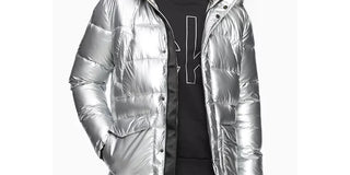 Calvin Klein Men's Metallic Puffer Parka With Faux Fur Trim Silver Size Medium