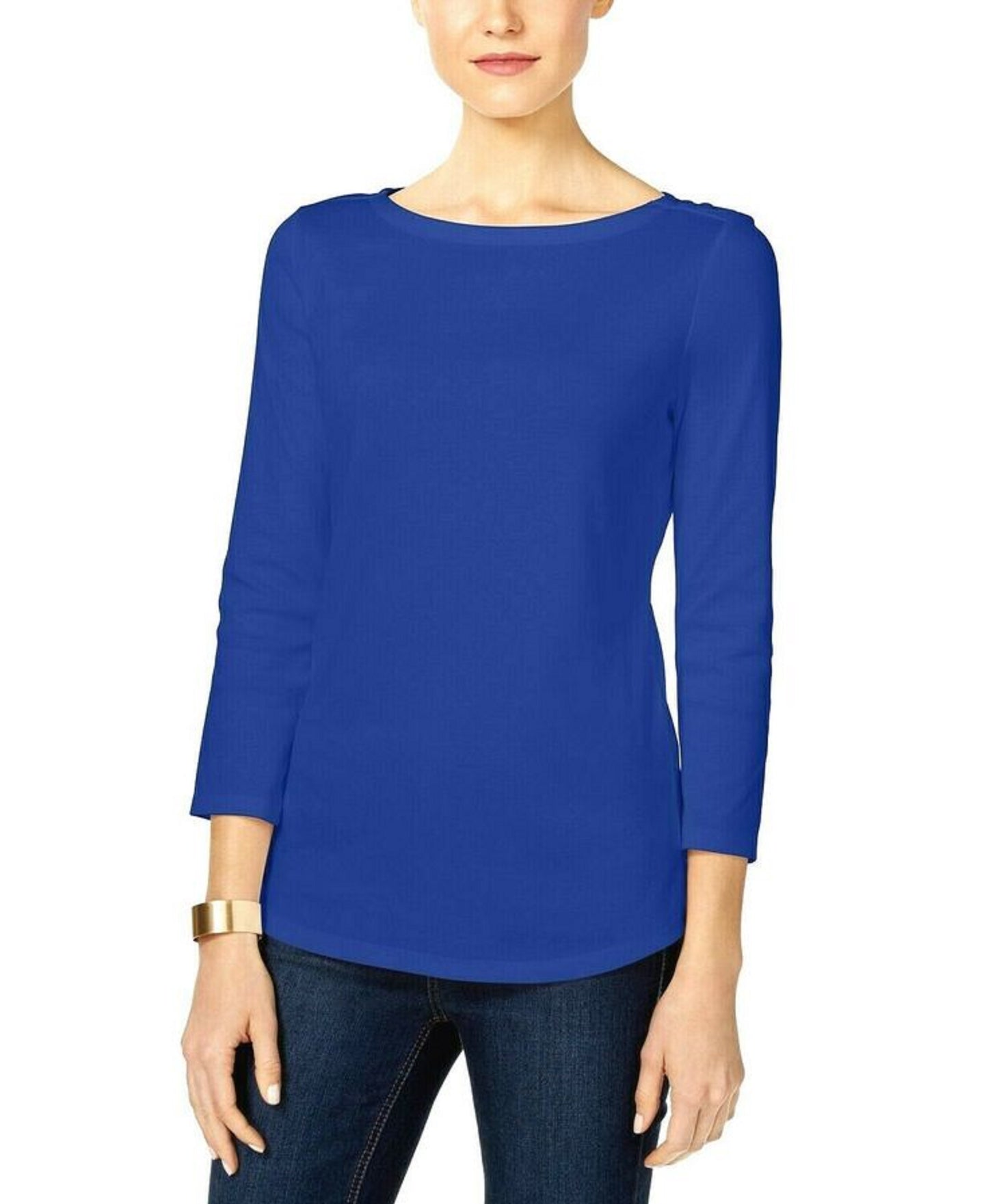 Charter Club Women's Boat-Neck Button-Shoulder Top Dark Blue Size Large
