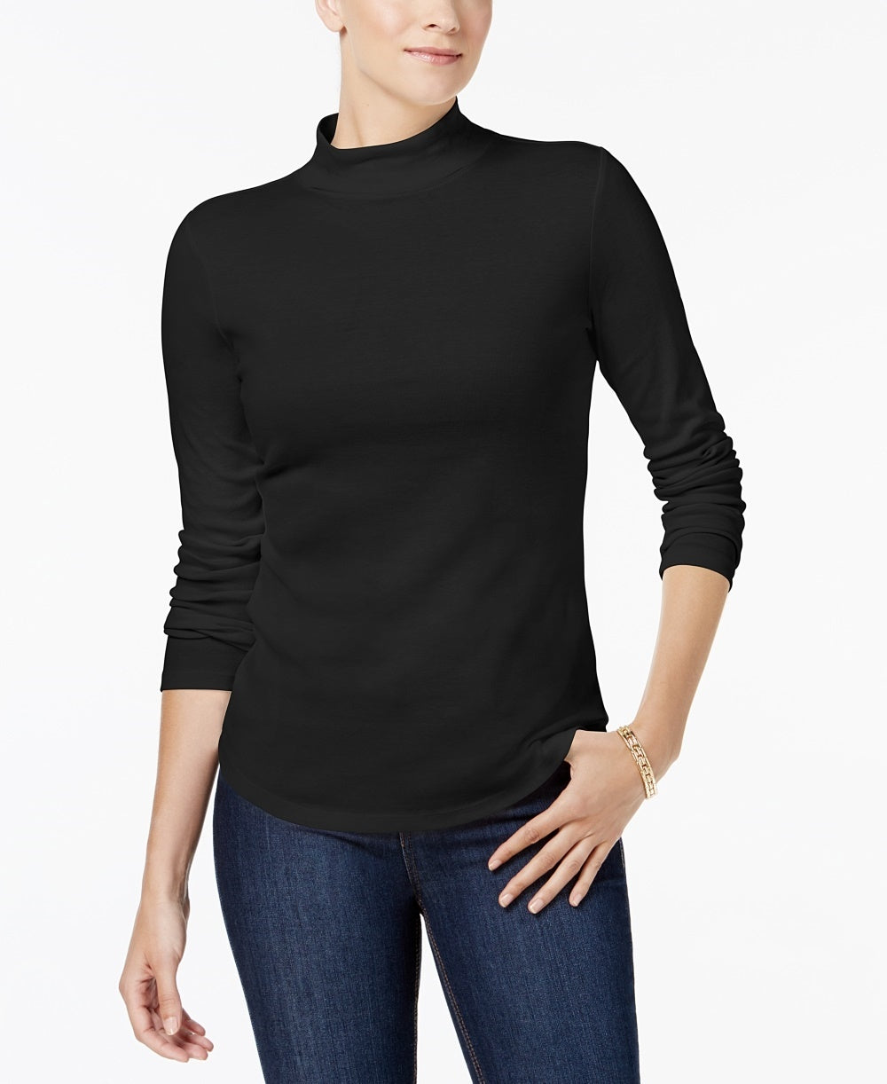 Charter Club Women's Cotton Mock-Neck Top Black Size Small