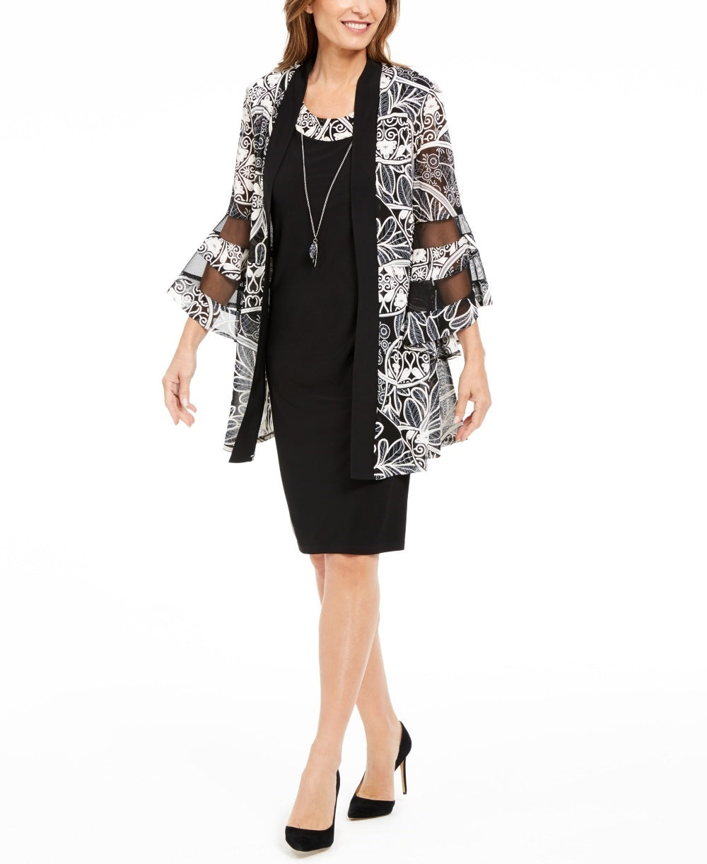 R & M Richards Women's Necklace Dress & Printed Bell Sleeve Jacket Charcoal Size 4 Petite