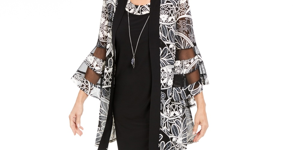 R & M Richards Women's Necklace Dress & Printed Bell Sleeve Jacket Charcoal Size 4 Petite