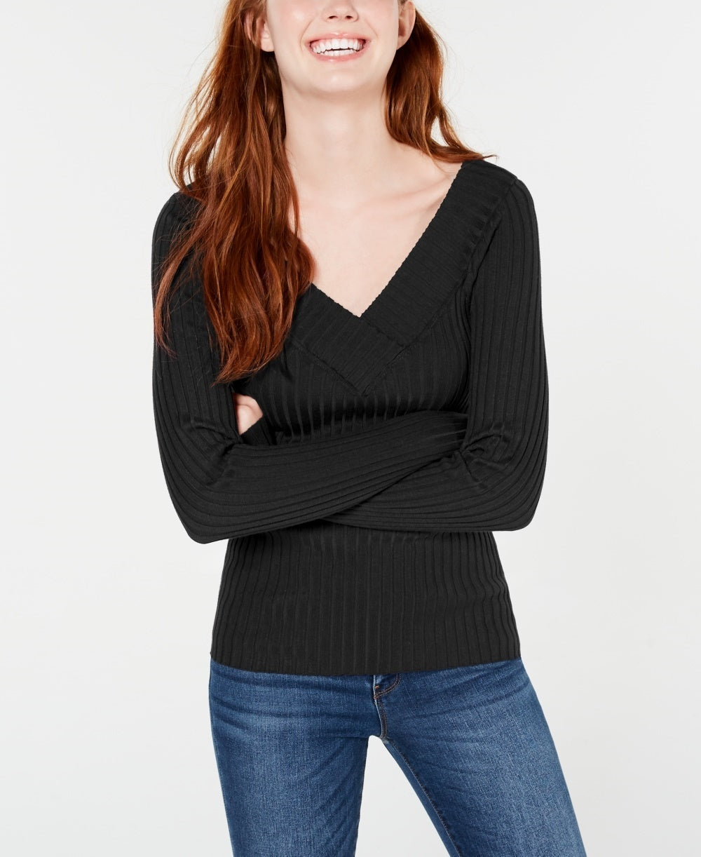 Freshman Juniors' V-Neck Ribbed Sweater Gray Size Medium