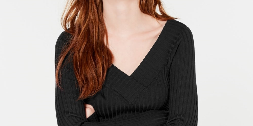 Freshman Juniors' V-Neck Ribbed Sweater Gray Size Medium