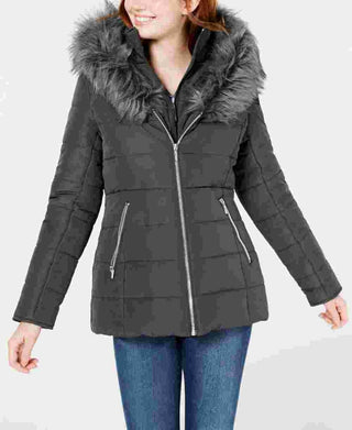 Maralyn & Me Women's Faux Fur Trim Hooded Puffer Jacket Long Sleeve Grey Size Medium