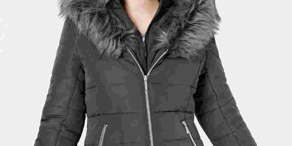 Maralyn & Me Women's Faux Fur Trim Hooded Puffer Jacket Long Sleeve Grey Size Medium