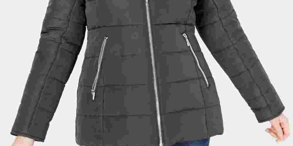 Maralyn & Me Women's Faux Fur Trim Hooded Puffer Jacket Long Sleeve Grey Size Medium