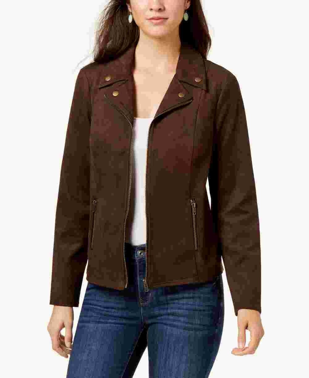 Style & Co Women's Faux Suede Moto Jacket Brown Size Petite Small