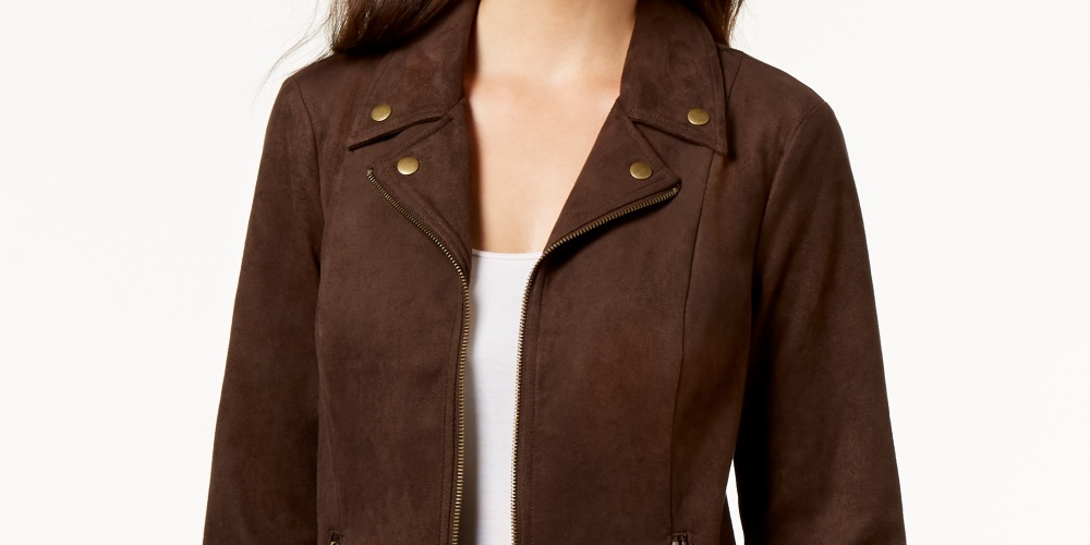 Style & Co Women's Faux Suede Moto Jacket Brown Size Petite Small