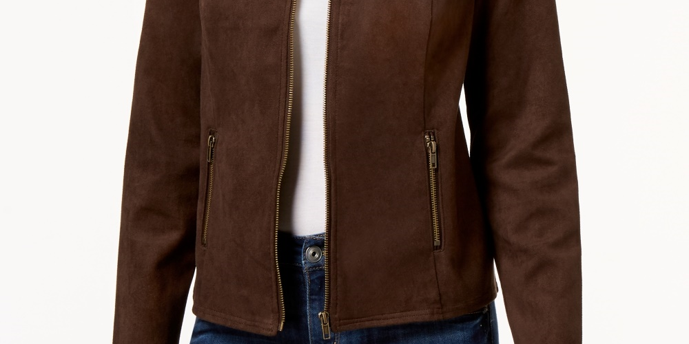 Style & Co Women's Faux Suede Moto Jacket Brown Size Petite Small