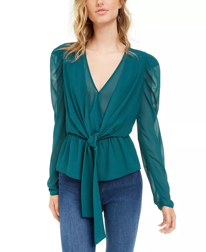 LEYDEN Women's Puff Sleeve Tie-Front Top Dark Blue Size Medium