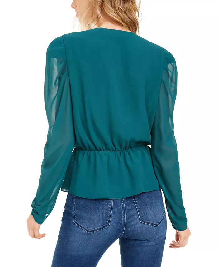 LEYDEN Women's Puff Sleeve Tie-Front Top Dark Blue Size Medium