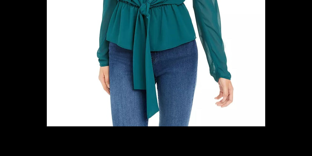 LEYDEN Women's Puff Sleeve Tie-Front Top Dark Blue Size Medium