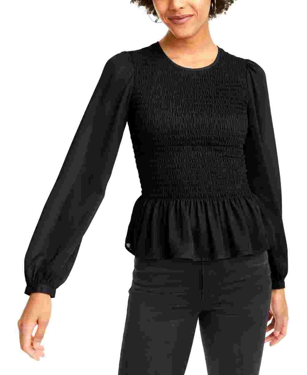 Leyden Women's Smocked Peplum Blouse Black Size Medium